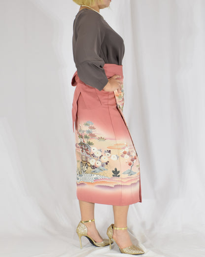 Wrap Skirt, Pink Garden and Floral Motif, Upcycled Kimono Fabric