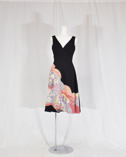 Sleeveless Dress — Black Upcycled Kimono Fabric with Floral Fan Motif