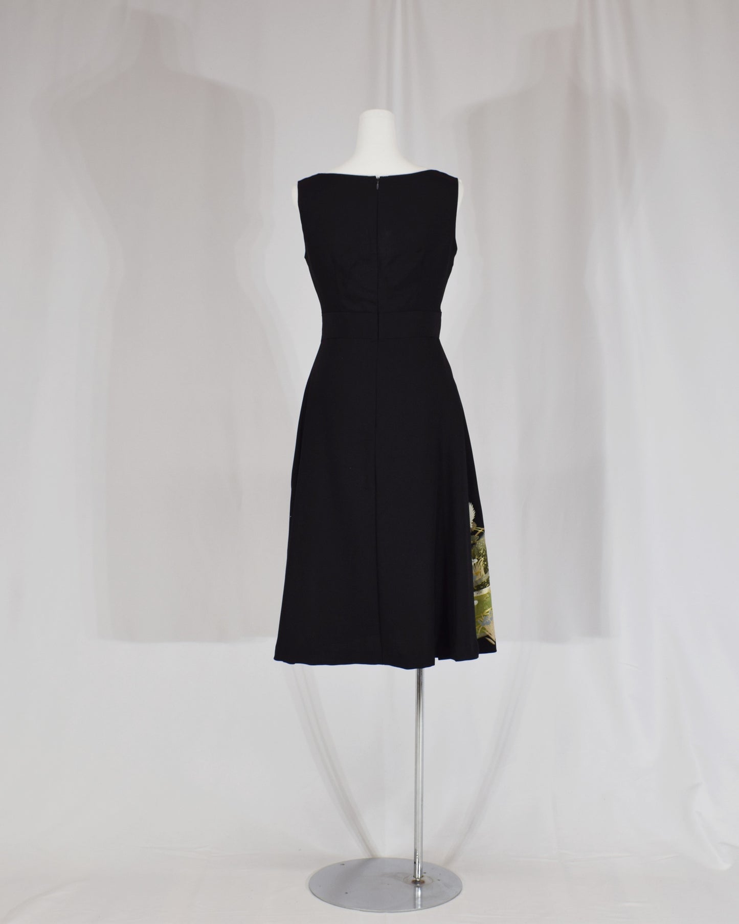 Sleeveless Dress — Black Upcycled Kimono Fabric with Crane and Bridge Scenic Motif