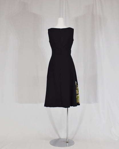 Sleeveless Dress — Black Upcycled Kimono Fabric with Crane and Bridge Scenic Motif