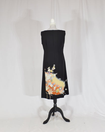 A-Line Sleeveless Dress, Black Crane and Floral Motifs, Upcycled Kimono Fabric