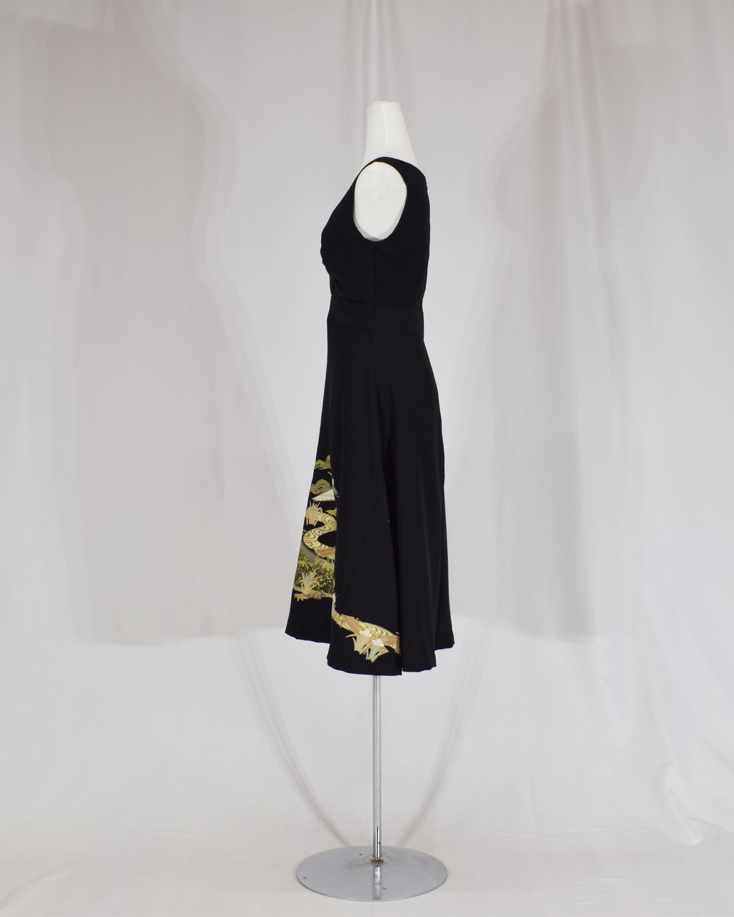 Sleeveless Dress — Black Upcycled Kimono Fabric with Crane and Bridge Scenic Motif