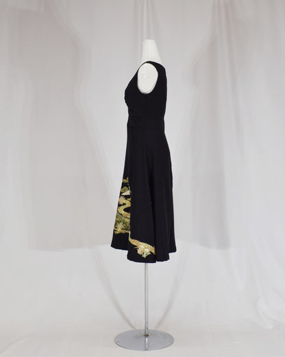 Sleeveless Dress — Black Upcycled Kimono Fabric with Crane and Bridge Scenic Motif