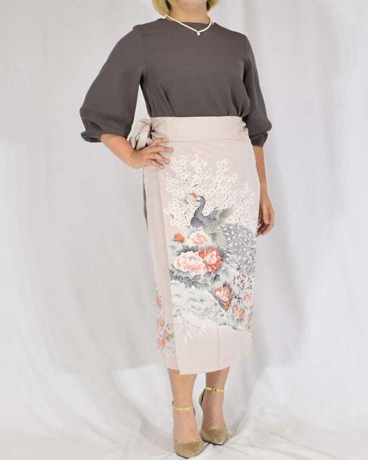 Wrap Skirt, Pale Pink Peacock and Floral Motif, Upcycled Kimono Fabric