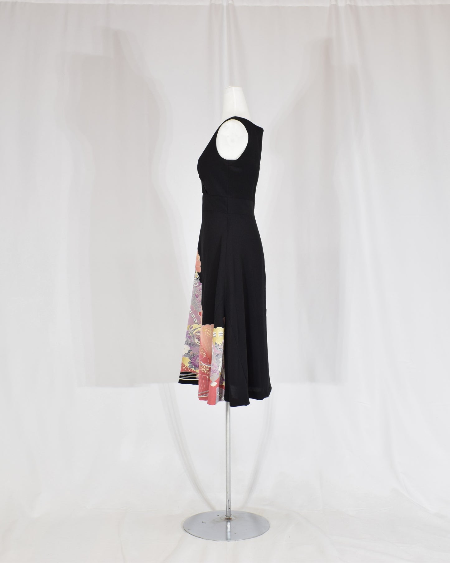 Sleeveless Dress — Black Upcycled Kimono Fabric with Floral Fan Motif