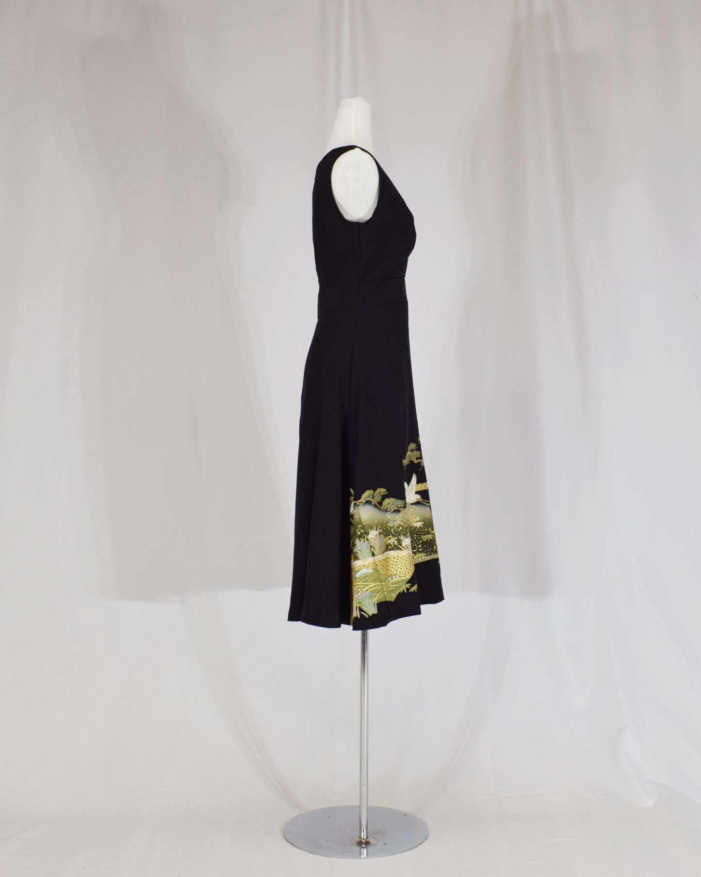Sleeveless Dress — Black Upcycled Kimono Fabric with Crane and Bridge Scenic Motif