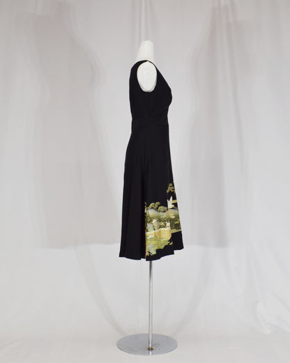 Sleeveless Dress — Black Upcycled Kimono Fabric with Crane and Bridge Scenic Motif