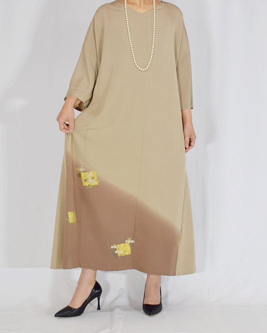 Elegant Kimono Dress, Beige and Brown Decorative Paper and Floral Motifs, Upcycled Tomesode Fabric