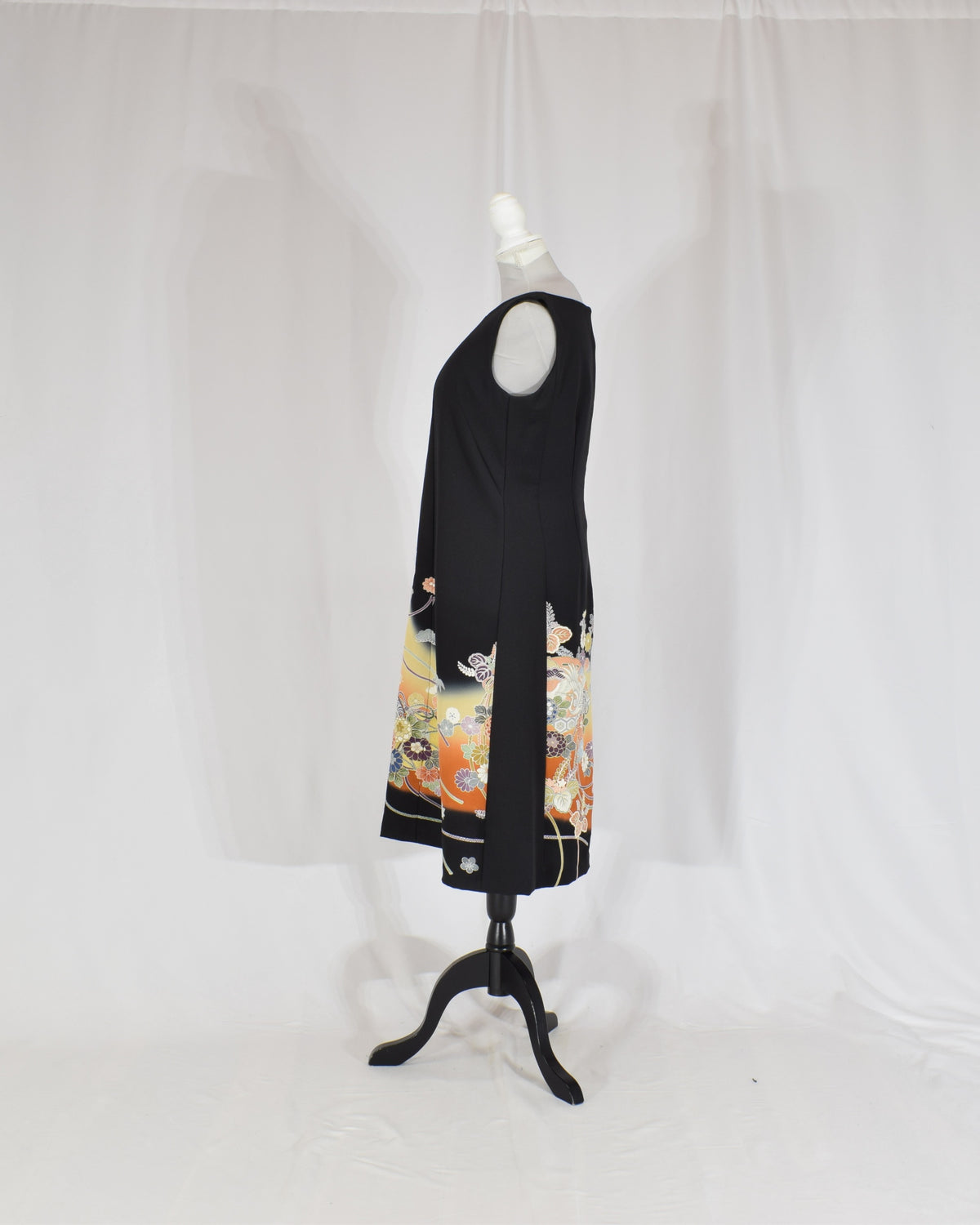 A-Line Sleeveless Dress, Black Crane and Floral Motifs, Upcycled Kimono Fabric