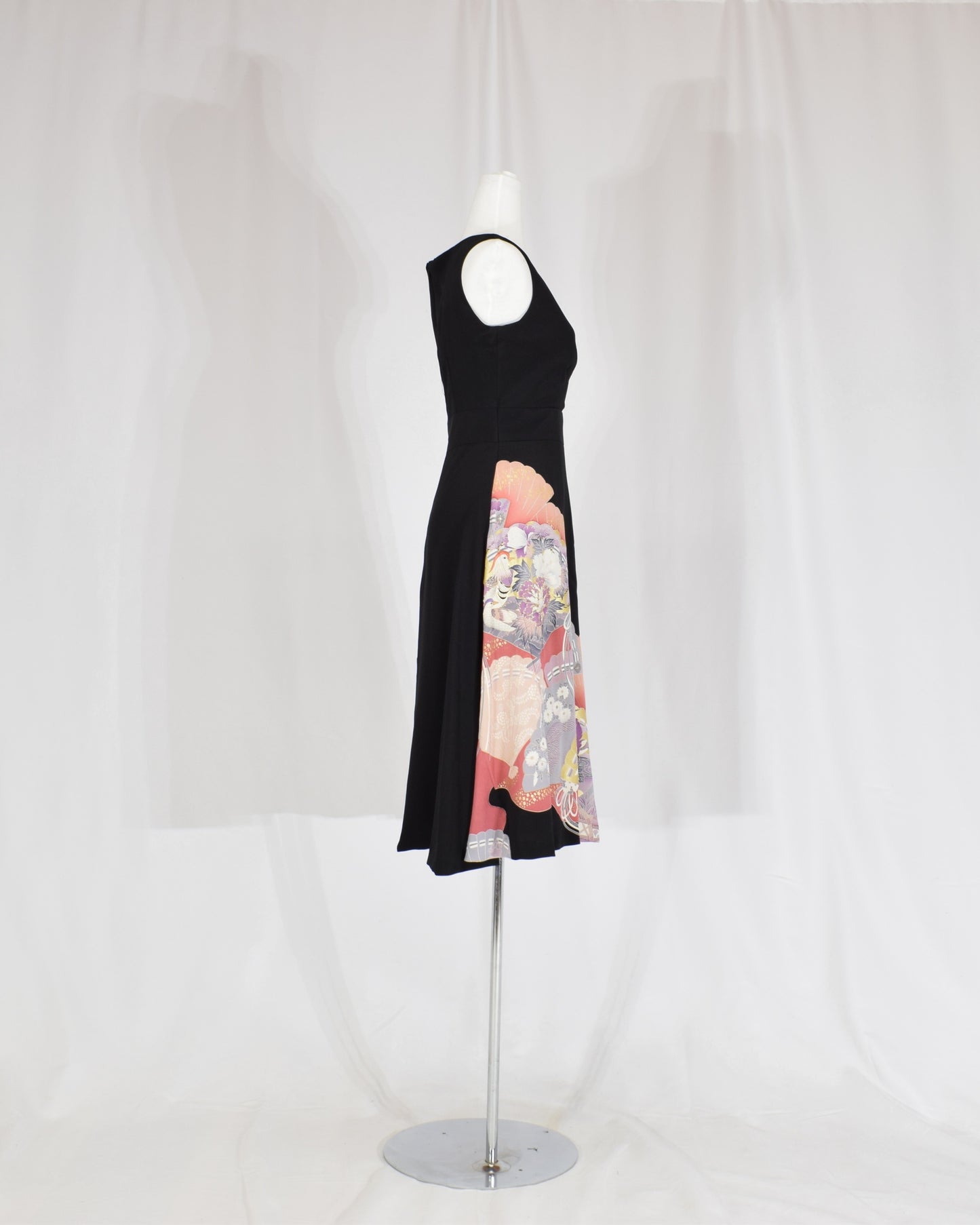 Sleeveless Dress — Black Upcycled Kimono Fabric with Floral Fan Motif