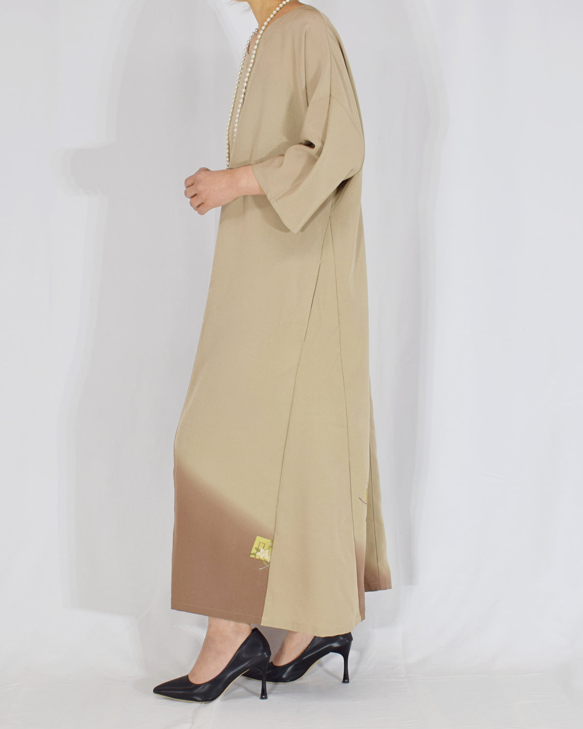 Elegant Kimono Dress, Beige and Brown Decorative Paper and Floral Motifs, Upcycled Tomesode Fabric