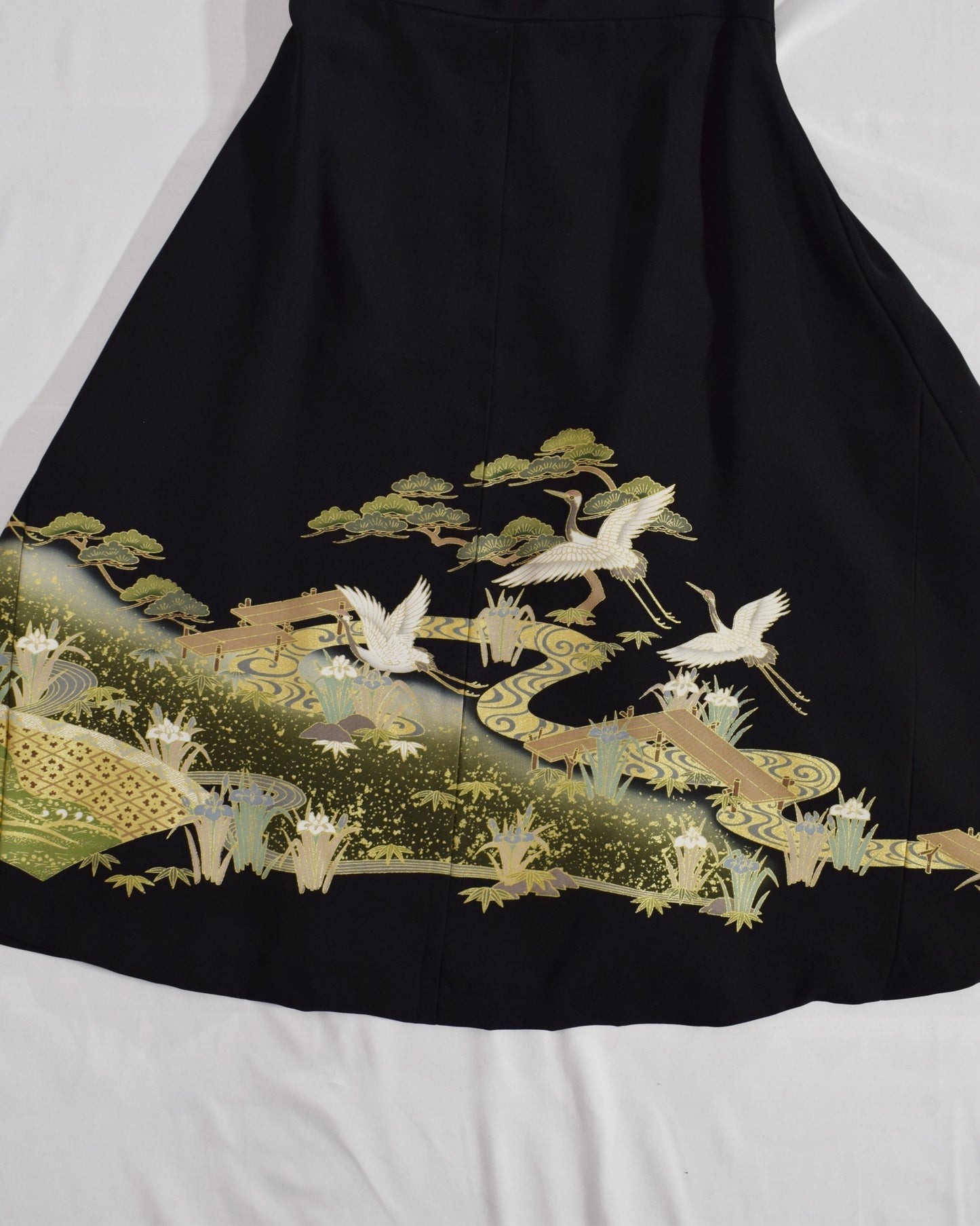 Sleeveless Dress — Black Upcycled Kimono Fabric with Crane and Bridge Scenic Motif