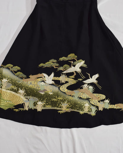 Sleeveless Dress — Black Upcycled Kimono Fabric with Crane and Bridge Scenic Motif
