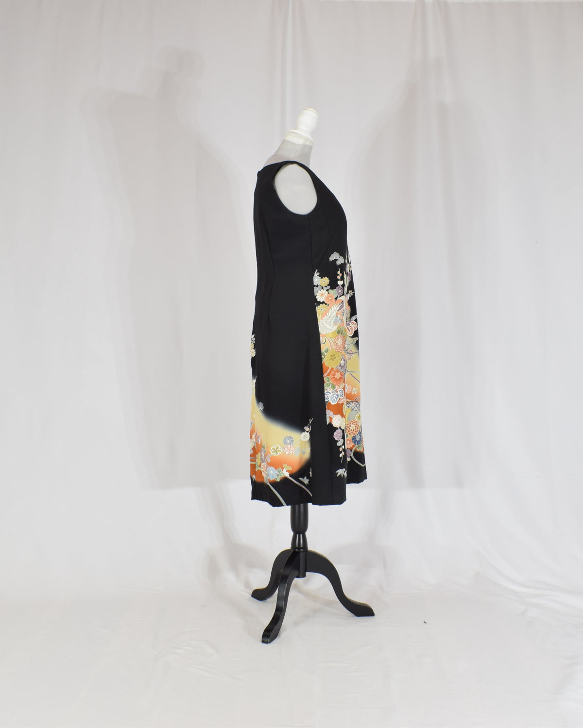 A-Line Sleeveless Dress, Black Crane and Floral Motifs, Upcycled Kimono Fabric
