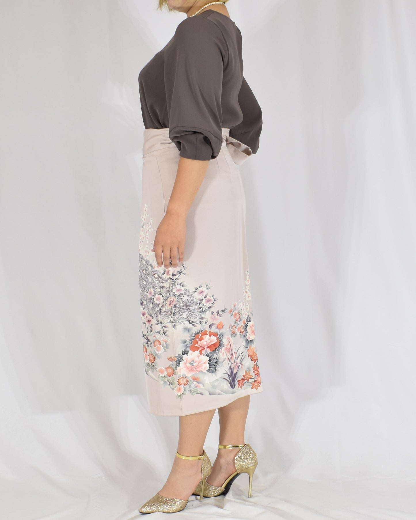 Wrap Skirt, Pale Pink Peacock and Floral Motif, Upcycled Kimono Fabric