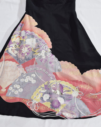 Sleeveless Dress — Black Upcycled Kimono Fabric with Floral Fan Motif
