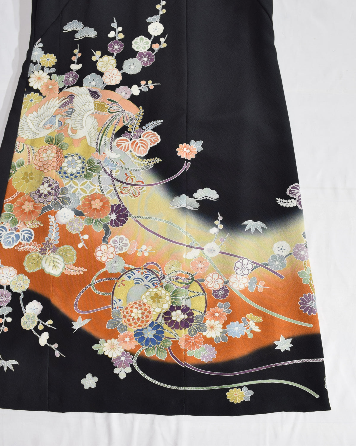 A-Line Sleeveless Dress, Black Crane and Floral Motifs, Upcycled Kimono Fabric