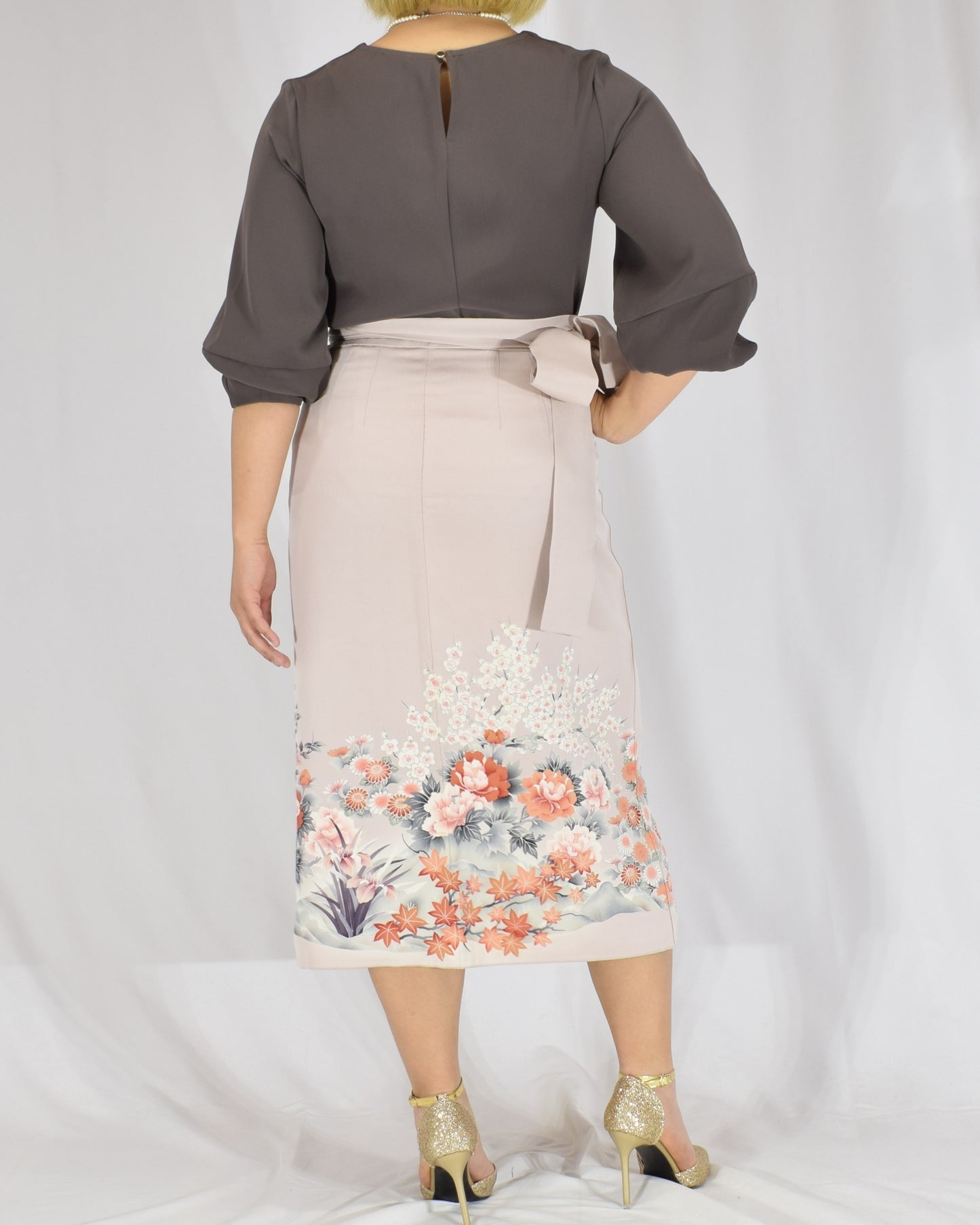 Wrap Skirt, Pale Pink Peacock and Floral Motif, Upcycled Kimono Fabric