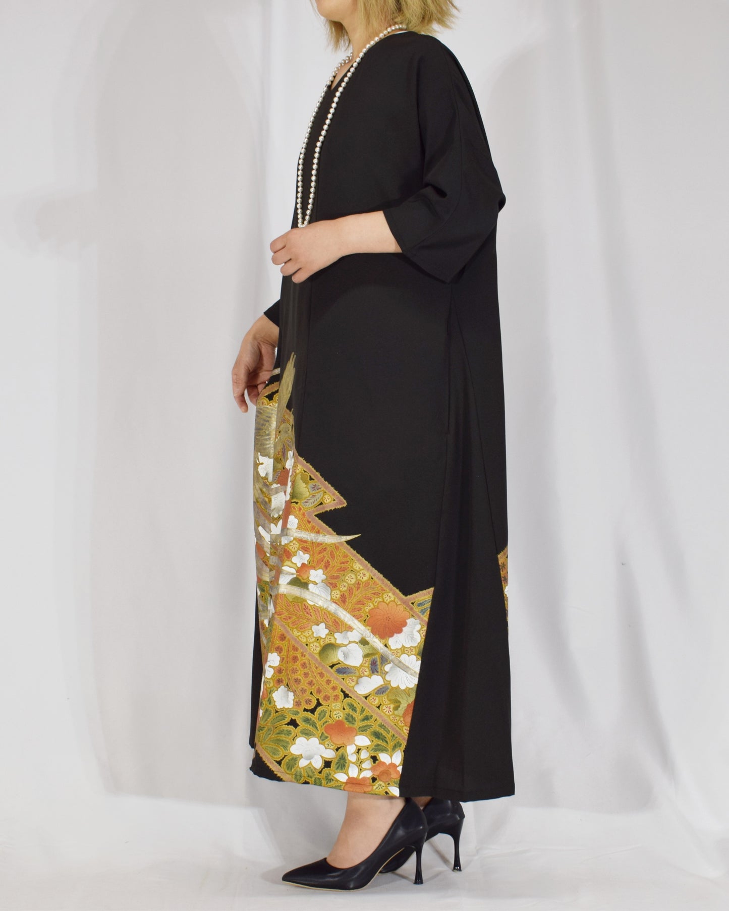 Elegant Kimono Dress, Bird and Floral Motif, Upcycled Tomesode Fabric