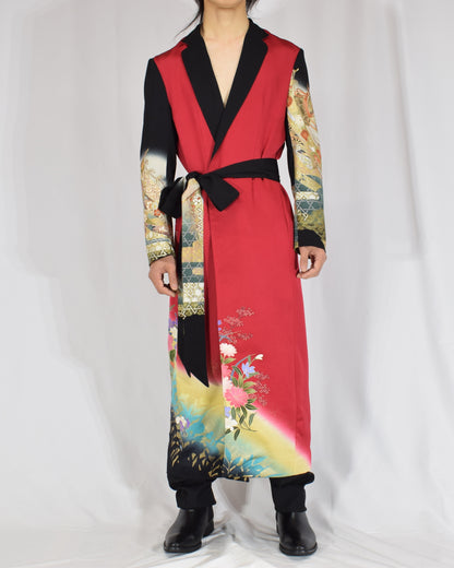 Belted Long Coat, Red and Black Floral and Traditional Motifs, Upcycled Kimono Fabric