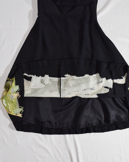 Sleeveless Dress — Black Upcycled Kimono Fabric with Crane and Bridge Scenic Motif