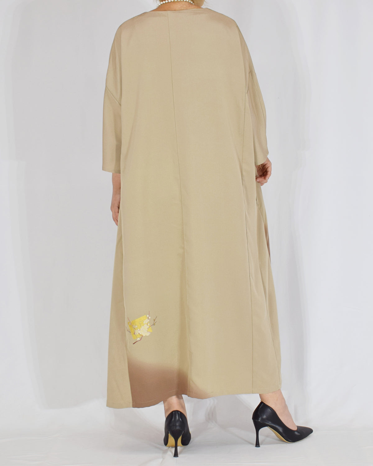 Elegant Kimono Dress, Beige and Brown Decorative Paper and Floral Motifs, Upcycled Tomesode Fabric