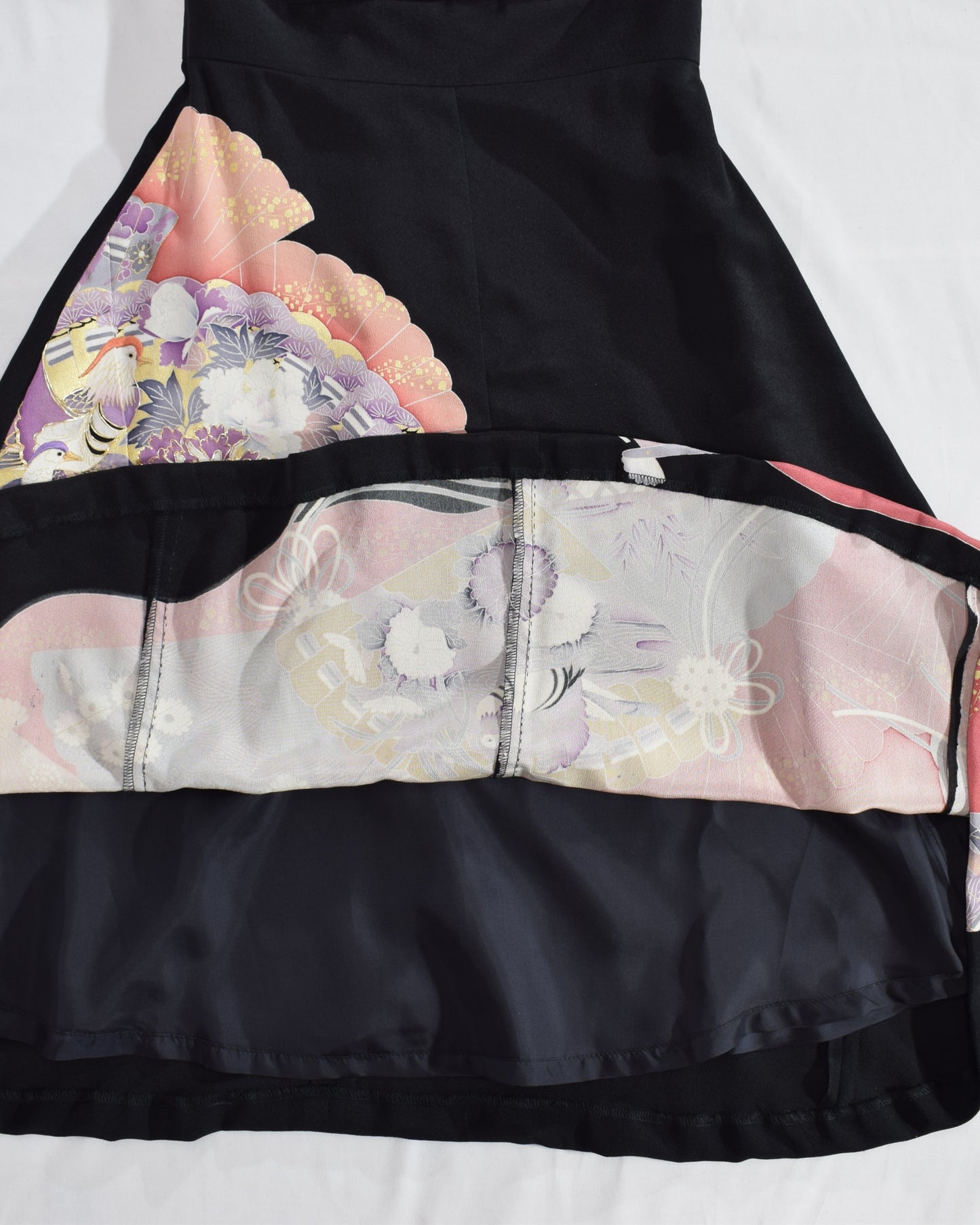 Sleeveless Dress — Black Upcycled Kimono Fabric with Floral Fan Motif
