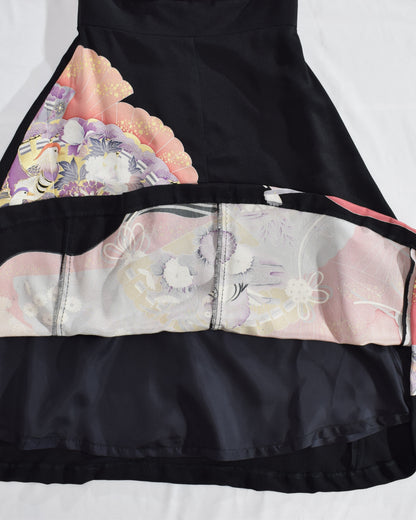 Sleeveless Dress — Black Upcycled Kimono Fabric with Floral Fan Motif