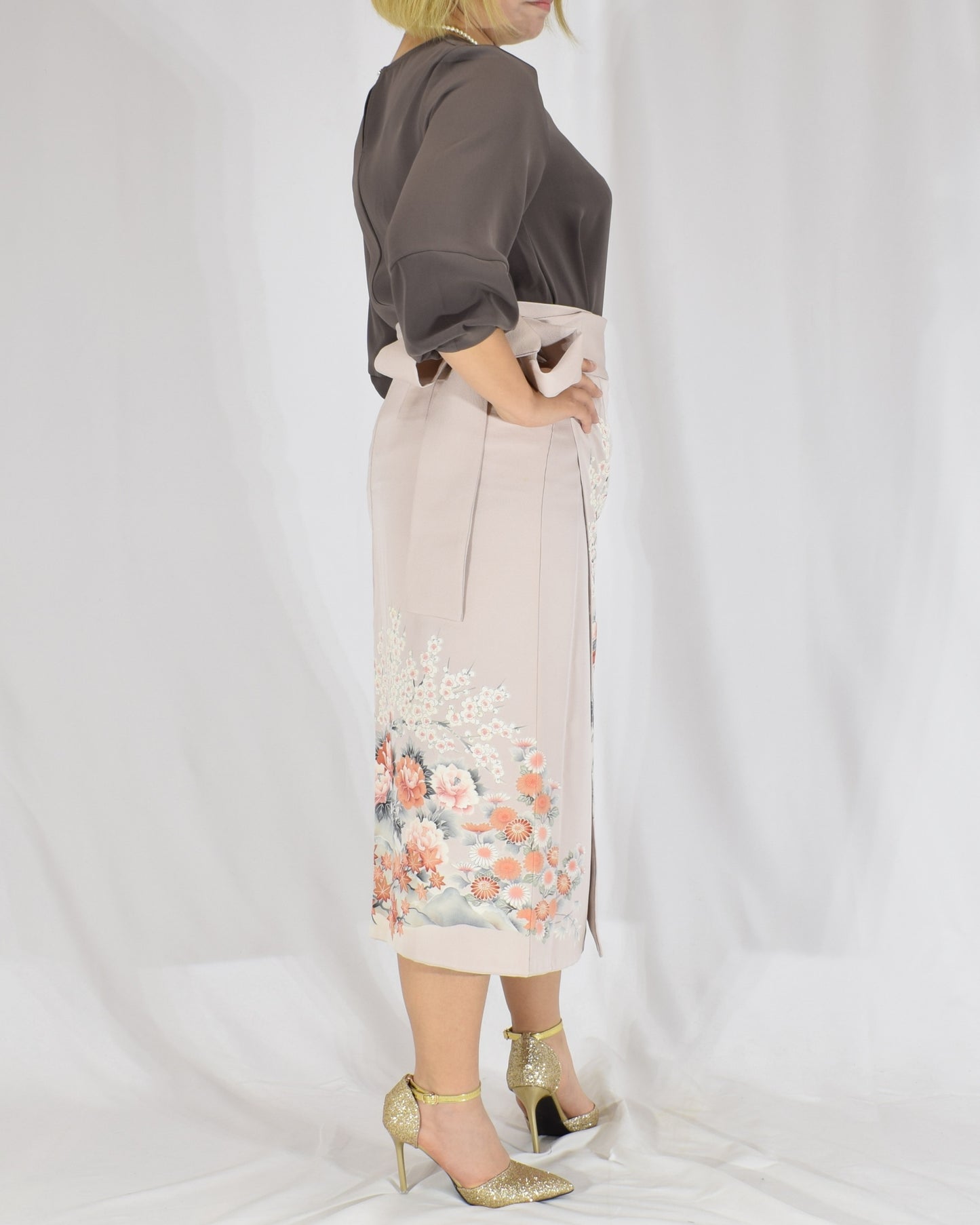 Wrap Skirt, Pale Pink Peacock and Floral Motif, Upcycled Kimono Fabric
