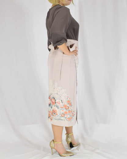 Wrap Skirt, Pale Pink Peacock and Floral Motif, Upcycled Kimono Fabric