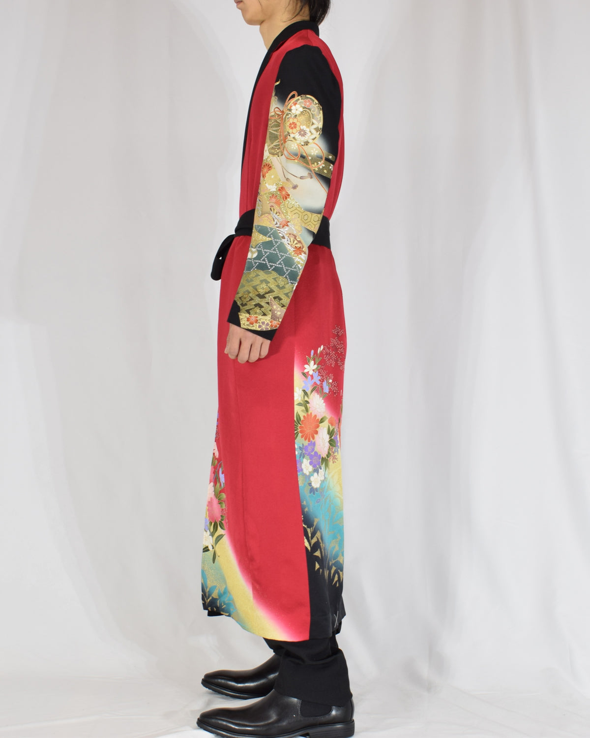 Belted Long Coat, Red and Black Floral and Traditional Motifs, Upcycled Kimono Fabric
