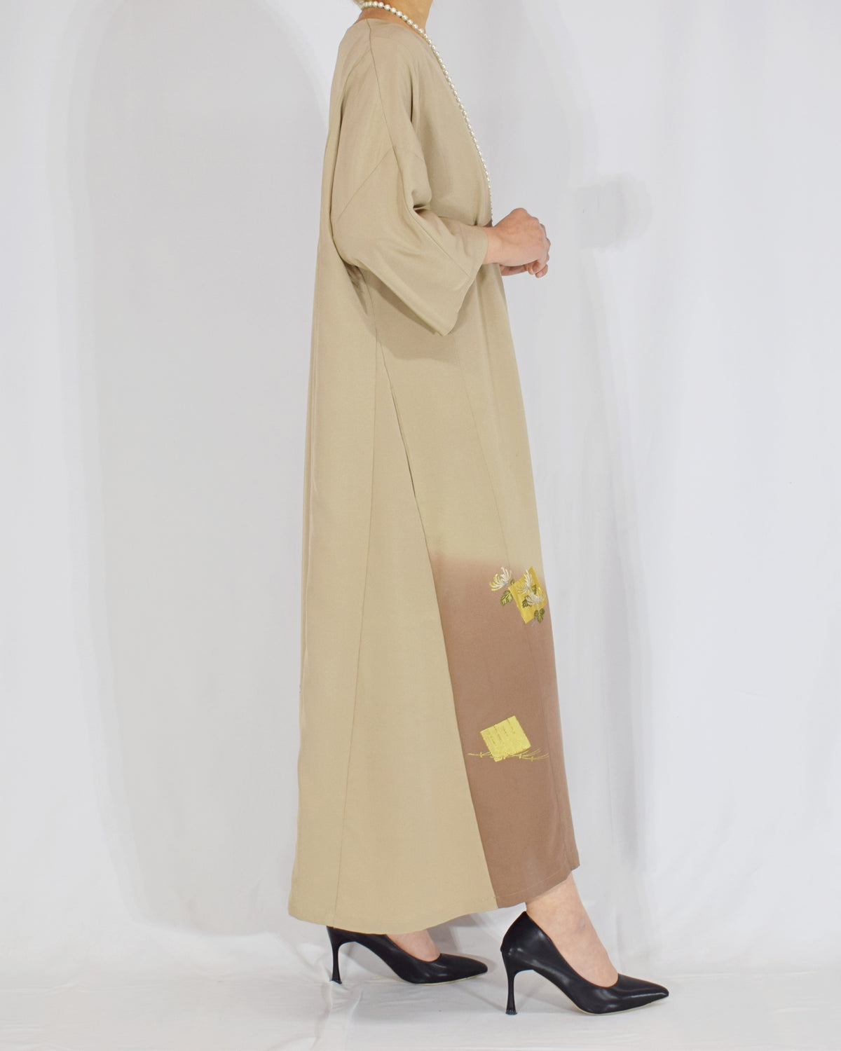 Elegant Kimono Dress, Beige and Brown Decorative Paper and Floral Motifs, Upcycled Tomesode Fabric