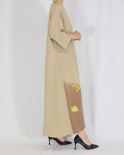 Elegant Kimono Dress, Beige and Brown Decorative Paper and Floral Motifs, Upcycled Tomesode Fabric