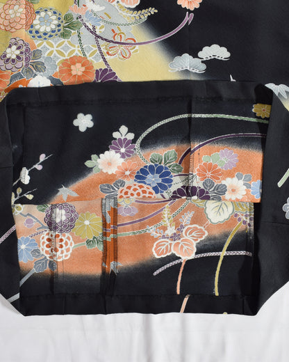 A-Line Sleeveless Dress, Black Crane and Floral Motifs, Upcycled Kimono Fabric