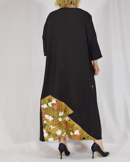 Elegant Kimono Dress, Bird and Floral Motif, Upcycled Tomesode Fabric