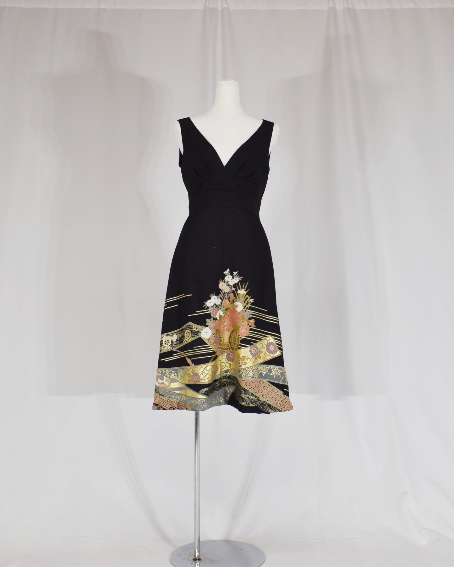 Sleeveless Dress — Black Upcycled Kimono Fabric with Floral Bouquet and Flowing Water Motif