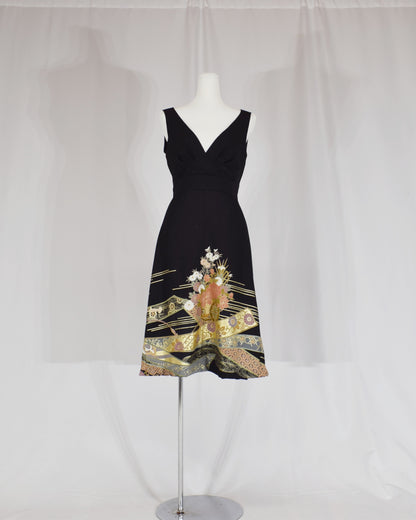 Sleeveless Dress — Black Upcycled Kimono Fabric with Floral Bouquet and Flowing Water Motif