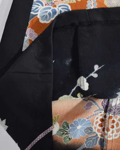 A-Line Sleeveless Dress, Black Crane and Floral Motifs, Upcycled Kimono Fabric