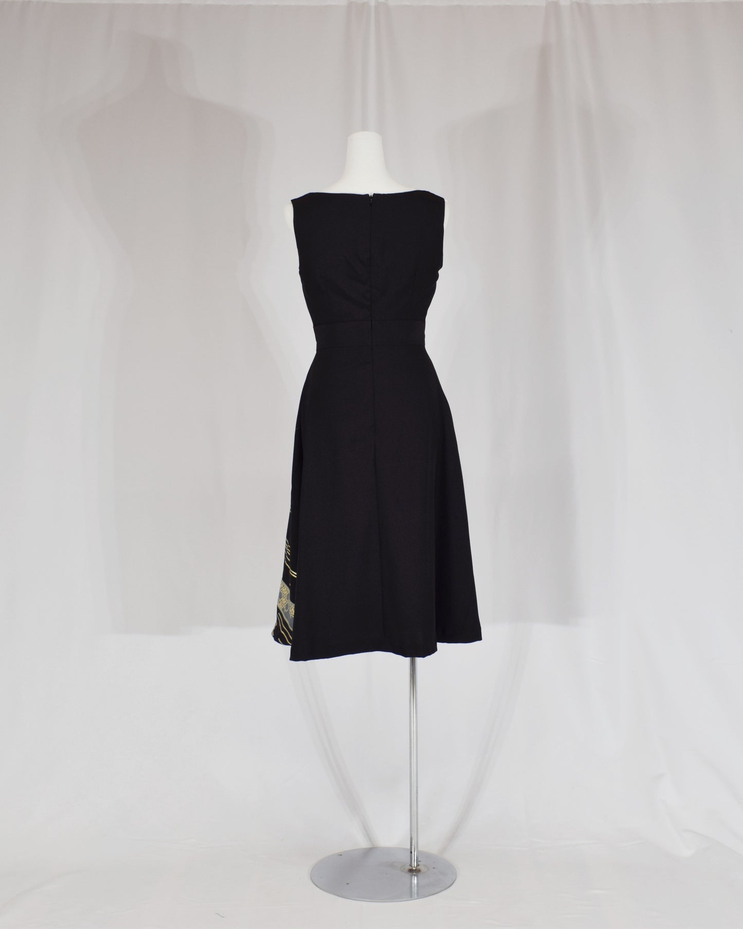 Sleeveless Dress — Black Upcycled Kimono Fabric with Floral Bouquet and Flowing Water Motif