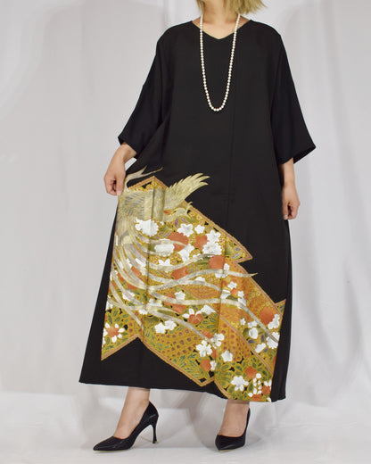 Elegant Kimono Dress, Bird and Floral Motif, Upcycled Tomesode Fabric
