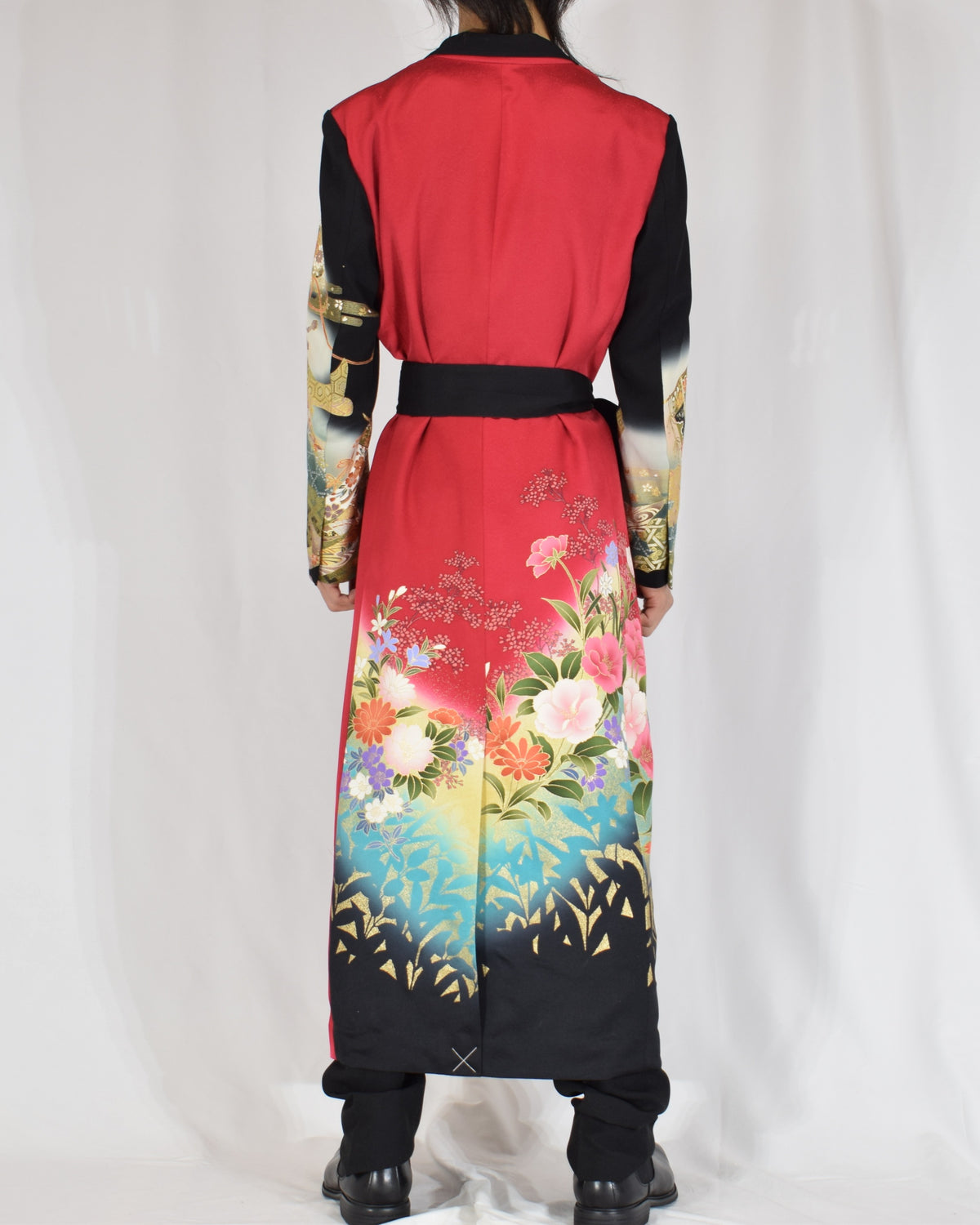 Belted Long Coat, Red and Black Floral and Traditional Motifs, Upcycled Kimono Fabric