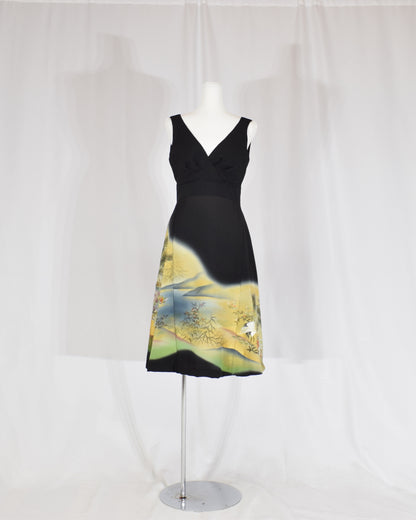 Sleeveless Dress — Black Upcycled Kimono Fabric with Waterside Botanical Motif