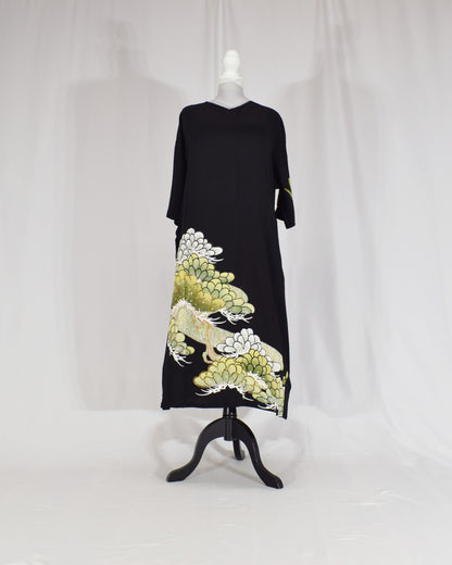 Elegant Kimono Dress, Chrysanthemum Motif, Upcycled Tomesode Fabric