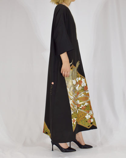 Elegant Kimono Dress, Bird and Floral Motif, Upcycled Tomesode Fabric