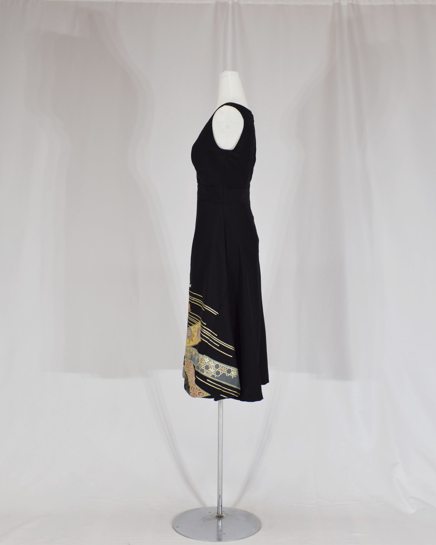 Sleeveless Dress — Black Upcycled Kimono Fabric with Floral Bouquet and Flowing Water Motif