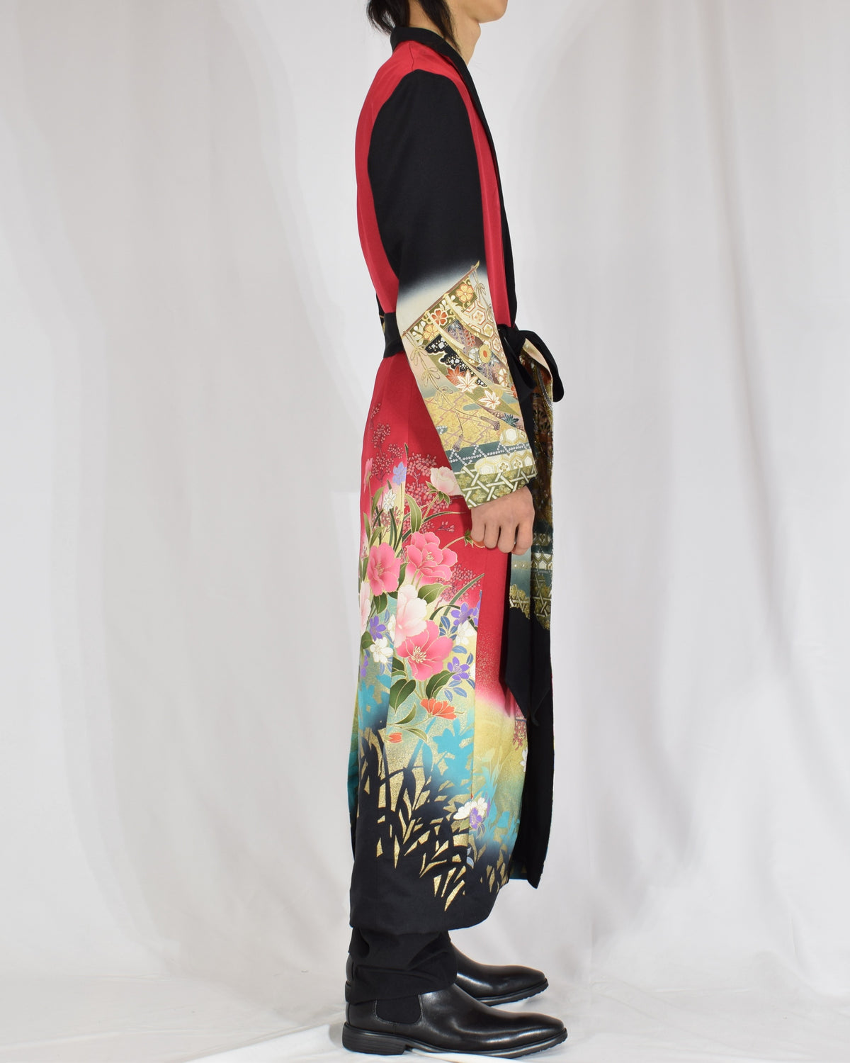 Belted Long Coat, Red and Black Floral and Traditional Motifs, Upcycled Kimono Fabric