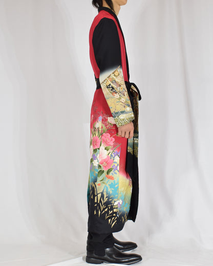 Belted Long Coat, Red and Black Floral and Traditional Motifs, Upcycled Kimono Fabric