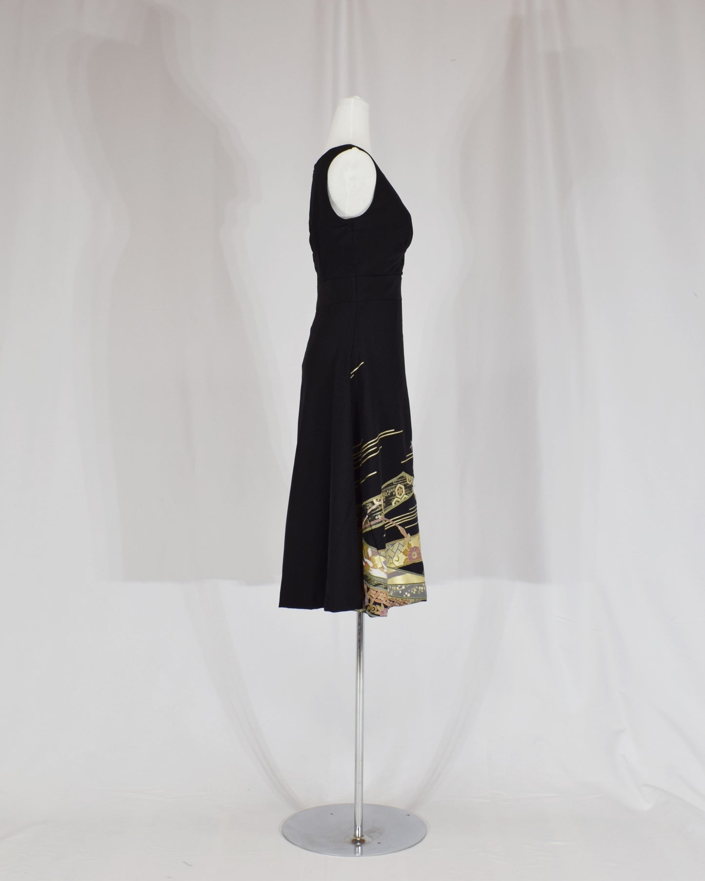 Sleeveless Dress — Black Upcycled Kimono Fabric with Floral Bouquet and Flowing Water Motif