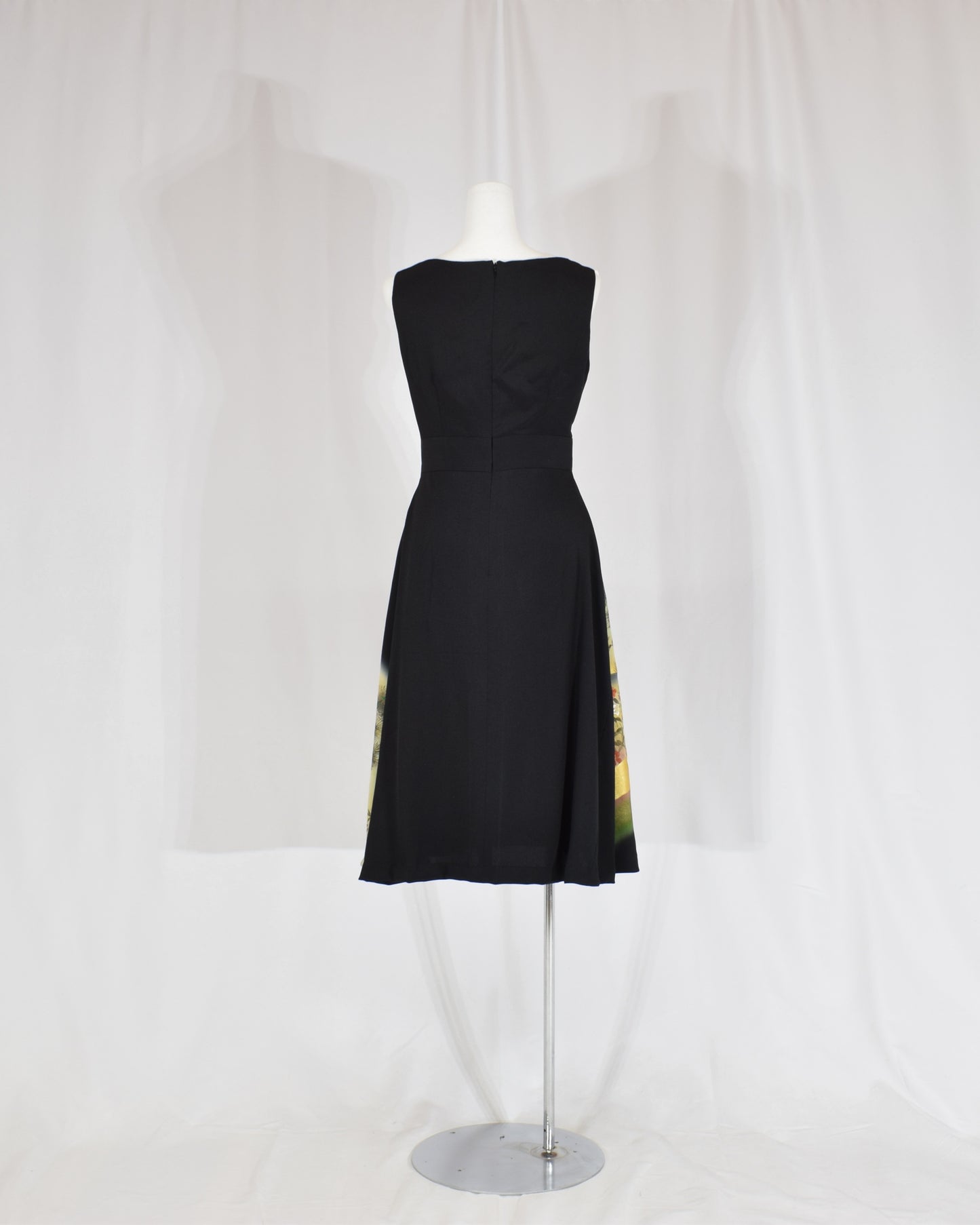 Sleeveless Dress — Black Upcycled Kimono Fabric with Waterside Botanical Motif