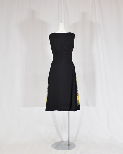 Sleeveless Dress — Black Upcycled Kimono Fabric with Waterside Botanical Motif
